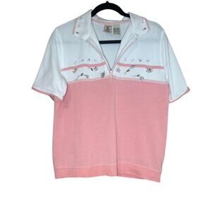 Vintage Koret Polo Half Zip Floral Colorblock Pink & White Womens Shirt Sz M